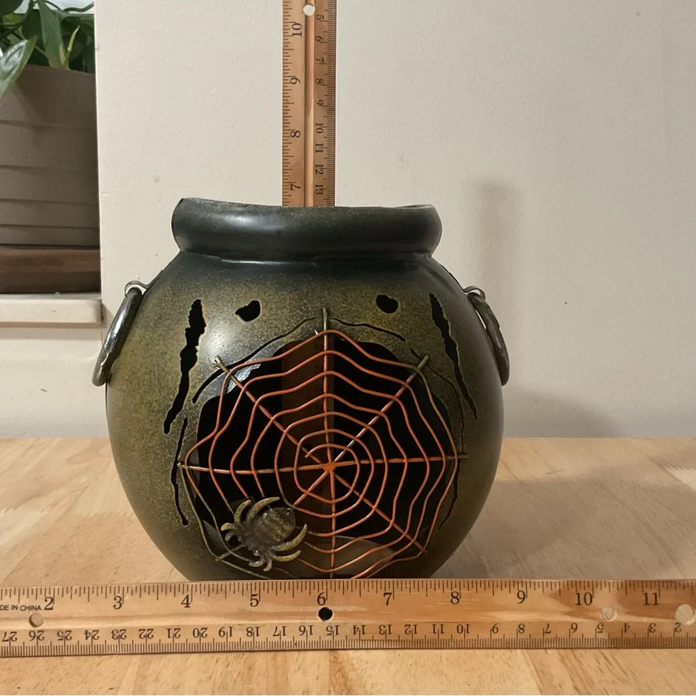Pink Zebra Rusty Metal Witch Cauldron Spider Web Accent Shade Halloween Decor